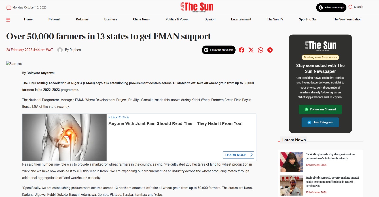 The Sun: Over 50,000 farmers in 13 states to get FMAN support