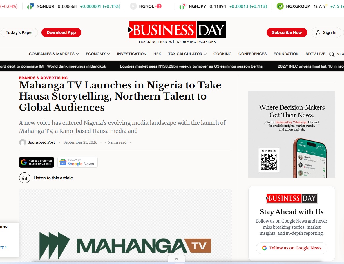 Business Day: Mahanga TV Launches in Nigeria to Take Hausa Storytelling, Northern Talent to Global Audiences